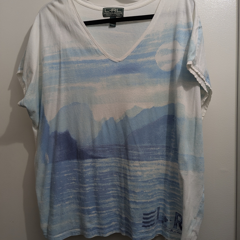 Ralph Lauren Blue and White Scenic V-Neck Tee